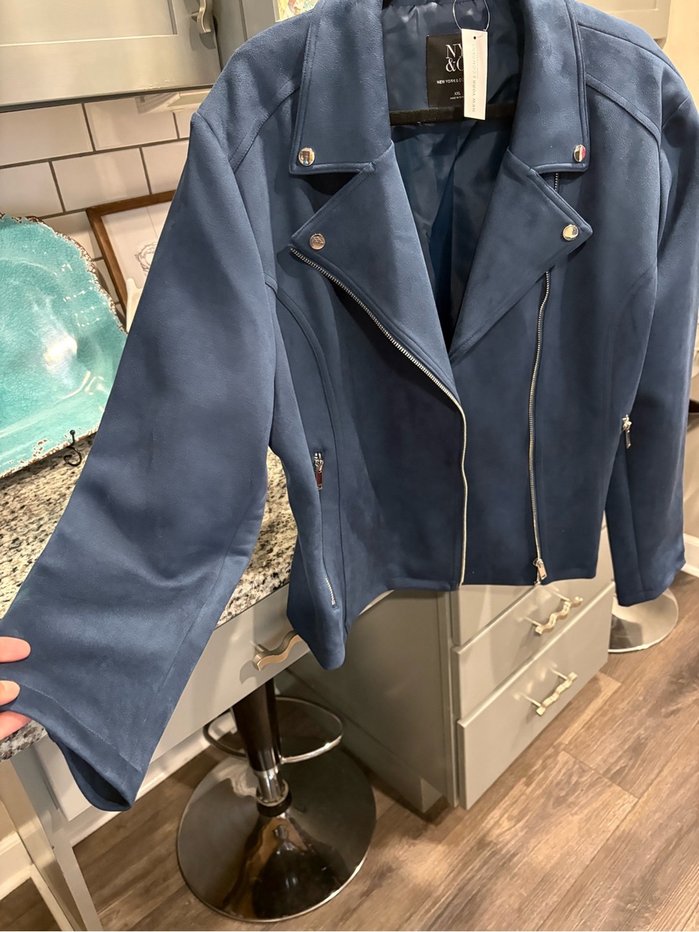 Navy Blue Faux Suede Moto Jacket - Women - Picture 2 of 9